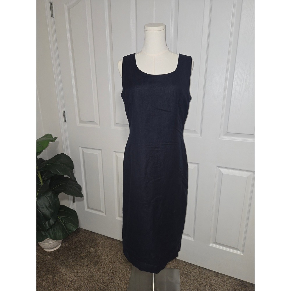 Coldwater Creek Sheath Dress Women 10 Navy Blue Linen Blend Sleeveless Scoop